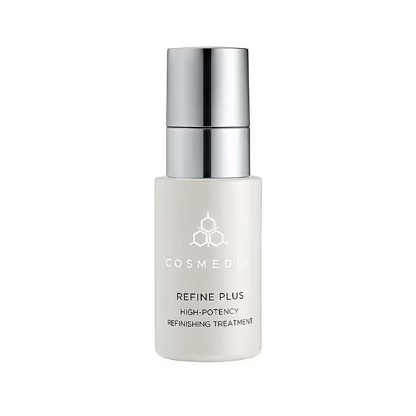 Cosmedix Refine Plus High-Potency Refinishing Treatment pump bottle shown against a white background
