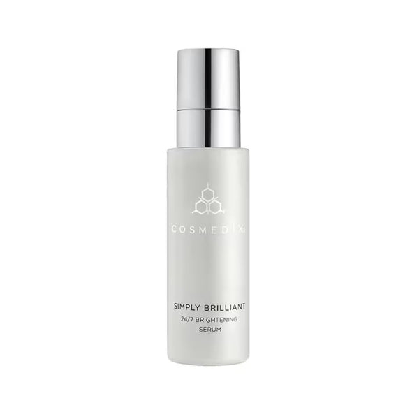 Cosmedix Simply Brilliant 24/7 Brightening Serum pump bottle shown against a white background