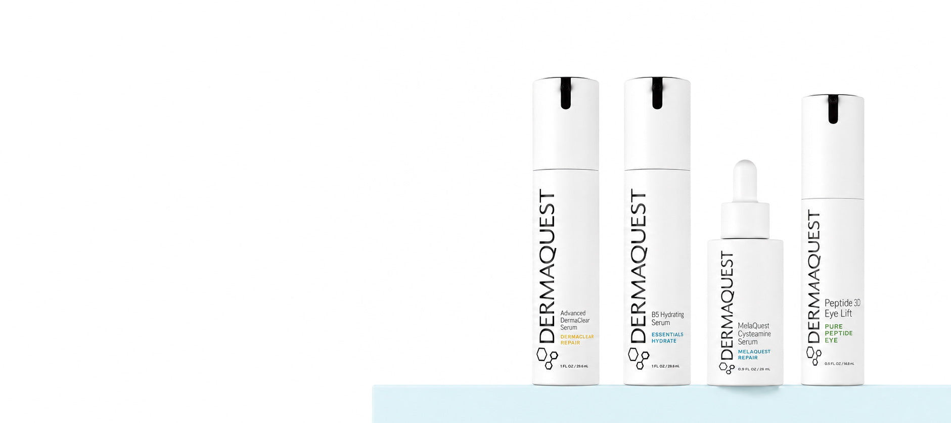 Four white Dermaquest skincare bottles and a dropper bottle arranged on a clean white background with a pale blue strip at the bottom.