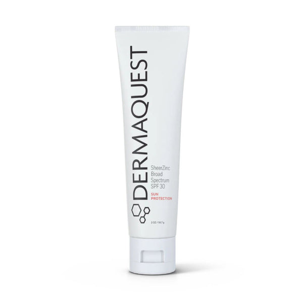 Dermaquest SheerZinc Broad Spectrum SPF 30 untinted tube shown against a white background