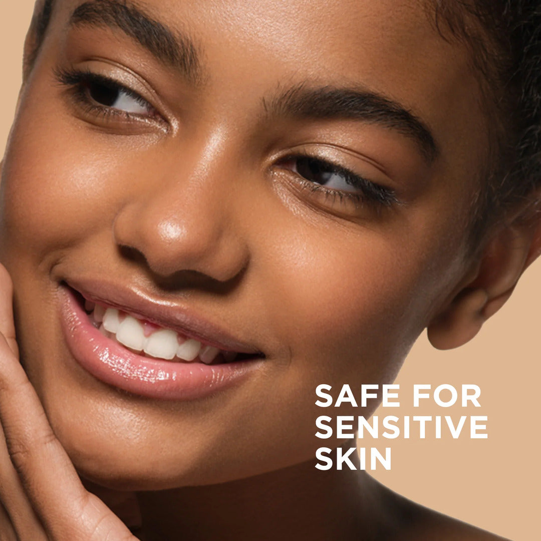 EltaMD Dermal Wound Cleanser – safe for sensitive skin, gentle non-cytotoxic post-procedure cleanser shown with model displaying healthy clear skin after wound care treatment