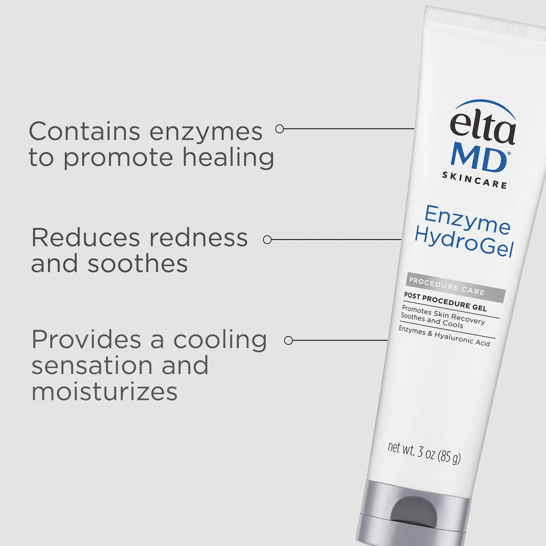 EltaMD Enzyme HydroGel benefits – contains enzymes to promote post-procedure healing, reduces redness and soothes irritated skin, and provides a cooling moisturizing sensation for faster recovery