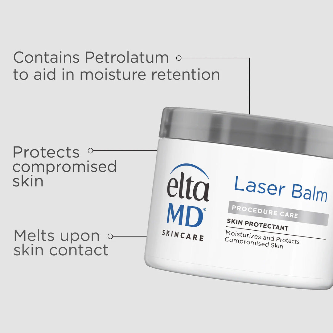 EltaMD Laser Balm 3.8 oz jar highlighting petrolatum formula that moisturizes and protects compromised skin