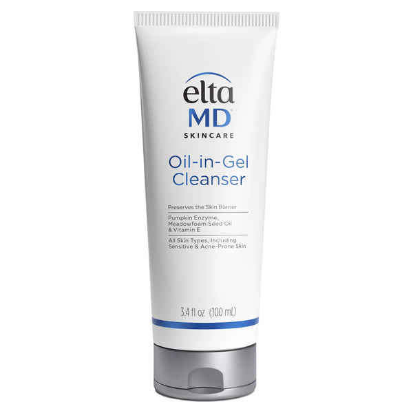 EltaMD Oil-in-Gel Cleanser 3.4 fl oz white tube with blue accent featuring Pumpkin Enzyme Meadowfoam Seed Oil and Vitamin E for all skin types