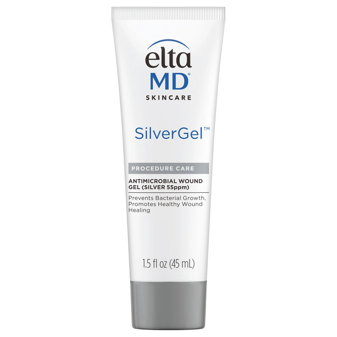 EltaMD SilverGel 1.5 fl oz – antimicrobial wound gel with silver 55ppm in white tube that prevents bacterial growth and promotes healthy wound healing for post-procedure skin care