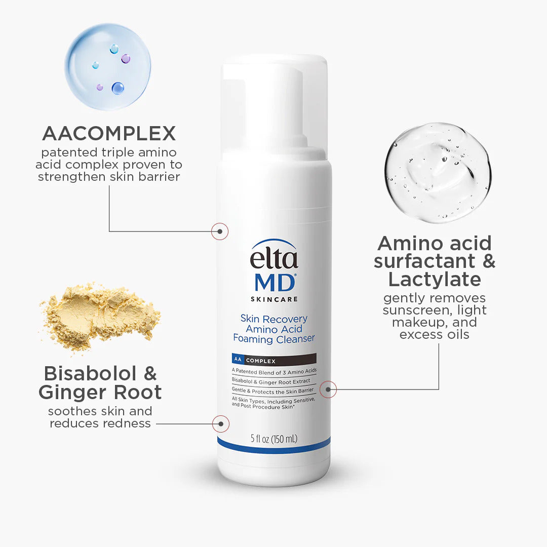 EltaMD Skin Recovery Amino Acid Foaming Cleanser key ingredients – AAComplex amino acids, lactylate surfactant to remove sunscreen and makeup, and bisabolol with ginger root to soothe and reduce redness