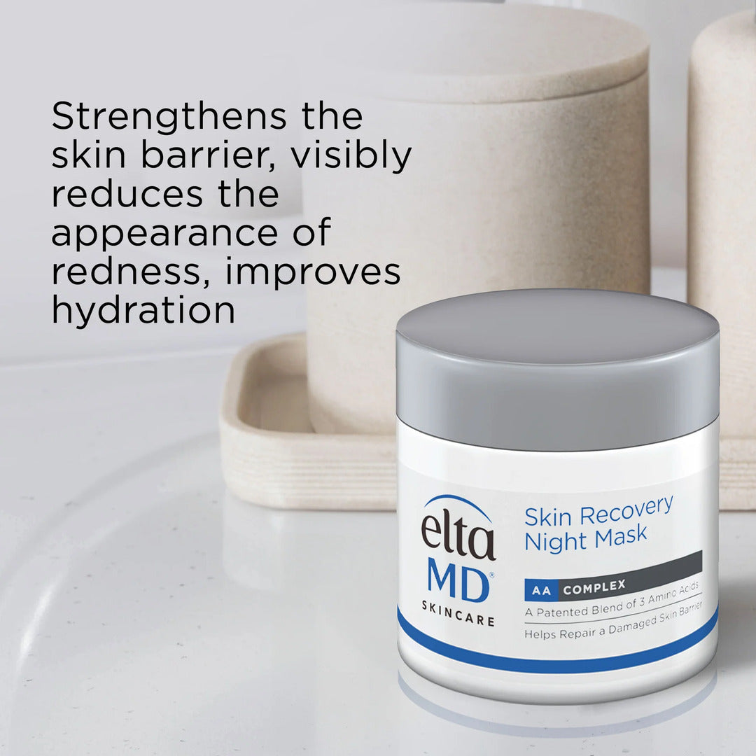 EltaMD Skin Recovery Night Mask jar in bathroom setting showing it strengthens the skin barrier reduces redness and improves hydration