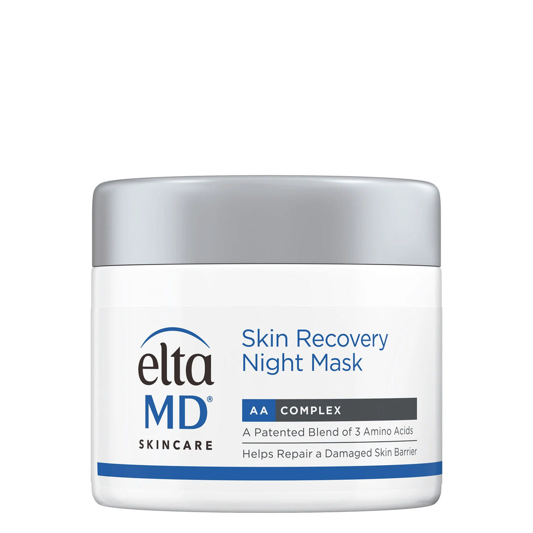 EltaMD Skin Recovery Night Mask 1.7 fl oz white jar with grey lid featuring AA Complex patented blend of 3 amino acids on white background