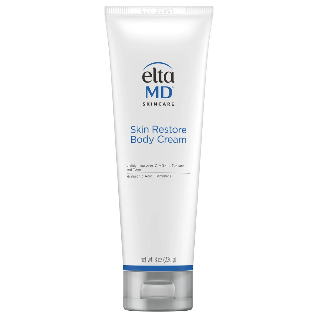EltaMD Skin Restore Body Cream 8 oz white tube with blue accent listing Hyaluronic Acid and Ceramide ingredients on white background