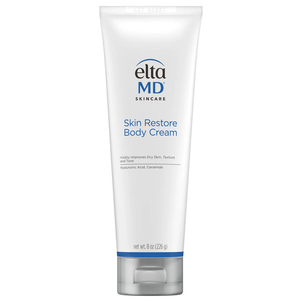 EltaMD Skin Restore Body Cream 8 oz white tube with blue accent listing Hyaluronic Acid and Ceramide ingredients on white background