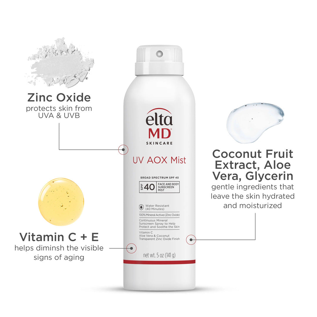 EltaMD UV AOX Mist SPF 40 key ingredients: zinc oxide, vitamin C and E, coconut fruit extract, aloe vera, and glycerin