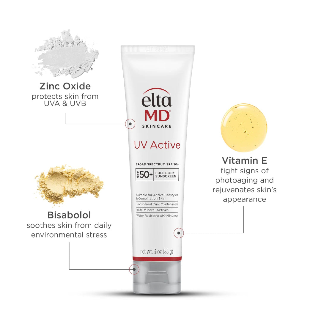 EltaMD UV Active SPF 50+ key ingredients: zinc oxide, bisabolol, and vitamin E for skin protection and rejuvenation
