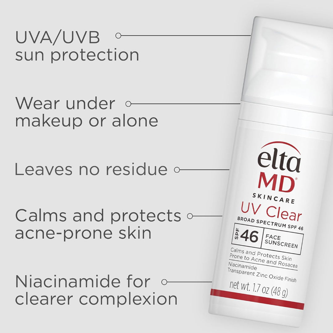 EltaMD UV Clear Broad-Spectrum SPF 46 provides UVA UVB protection wears under makeup leaves no residue and calms acne-prone skin with niacinamide