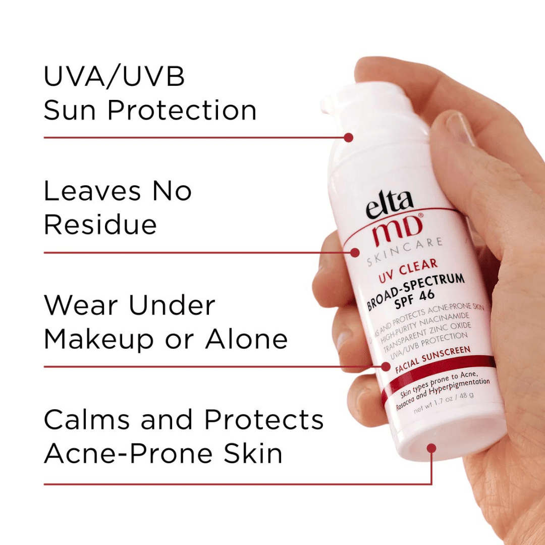 EltaMD UV Clear Broad-Spectrum SPF 46 benefits – face sunscreen with UVA/UVB protection that leaves no residue, wears under makeup, and calms and protects acne-prone skin