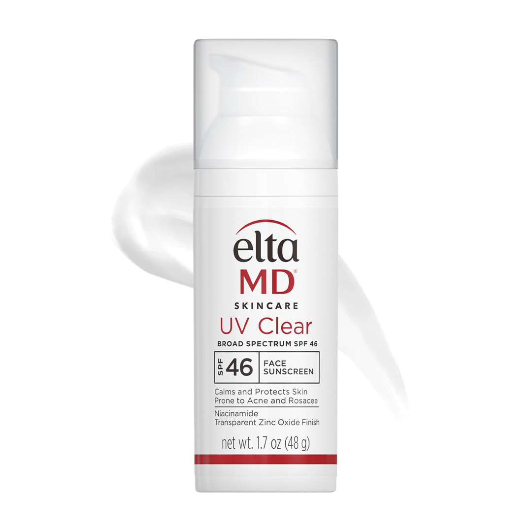 EltaMD UV Clear Broad-Spectrum SPF 46 Face Sunscreen 1.7 oz – niacinamide and zinc oxide sunscreen in white airless pump bottle that calms and protects acne-prone and rosacea-prone skin on white background