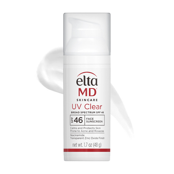 EltaMD UV Clear Broad-Spectrum SPF 46 Face Sunscreen 1.7 oz – niacinamide and zinc oxide sunscreen in white airless pump bottle that calms and protects acne-prone and rosacea-prone skin on white background