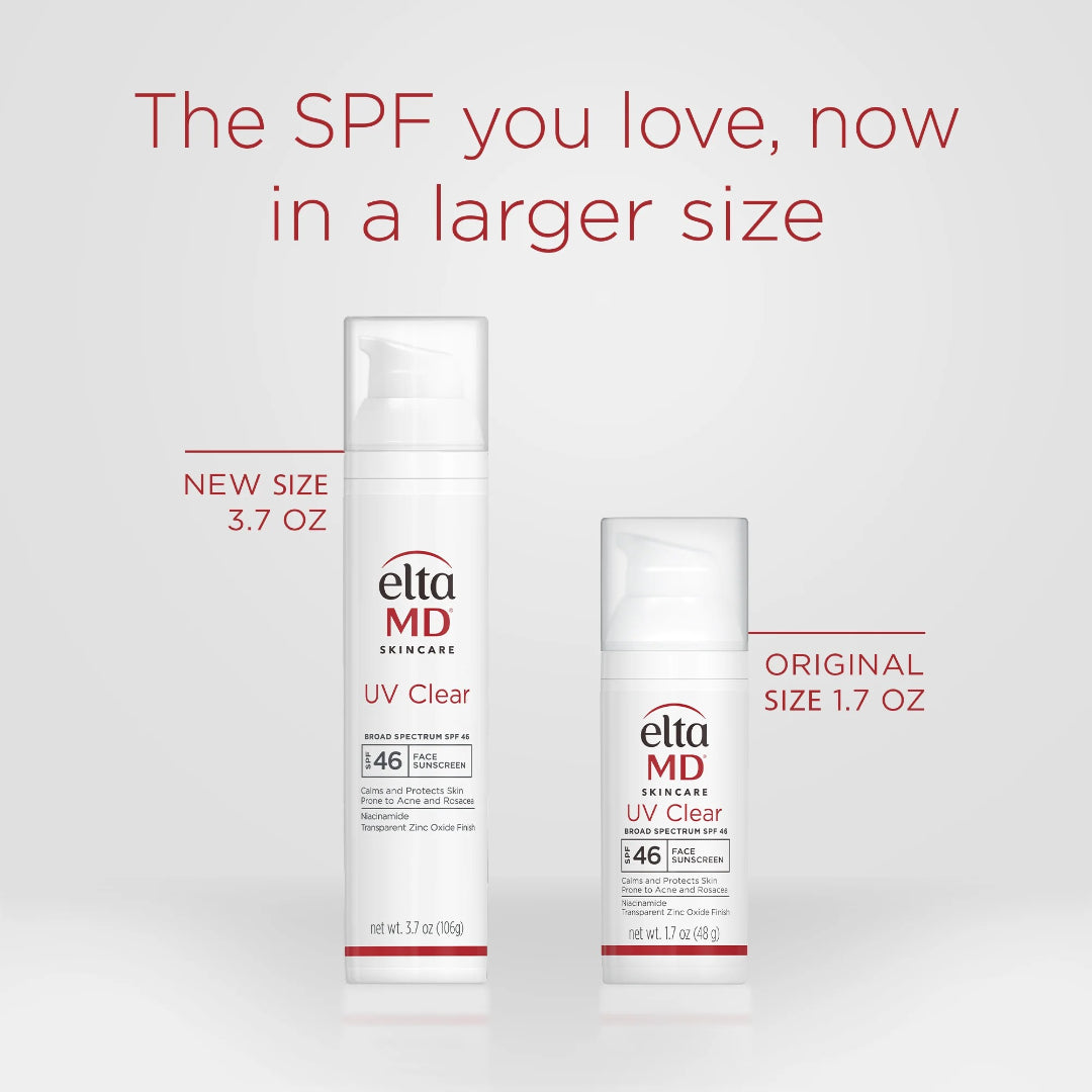 EltaMD UV Clear Broad-Spectrum SPF 46 now available in new larger 3.7 oz size compared to original 1.7 oz