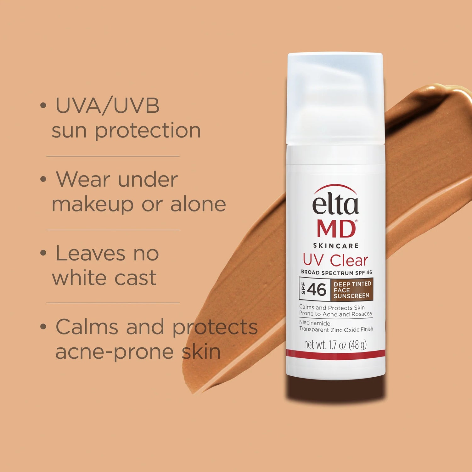 EltaMD UV Clear Deep Tinted Broad-Spectrum SPF 46 benefits – UVA/UVB protection that leaves no white cast, wears under makeup or alone, and calms and protects acne-prone and rosacea-prone skin