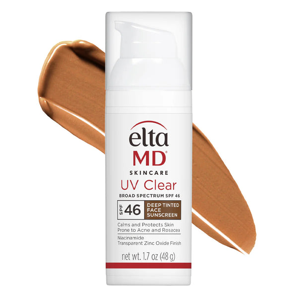 EltaMD UV Clear Deep Tinted Broad-Spectrum SPF 46 Face Sunscreen 1.7 oz – niacinamide and zinc oxide tinted sunscreen for acne-prone and rosacea-prone skin in white airless pump bottle with deep brown tint swatch