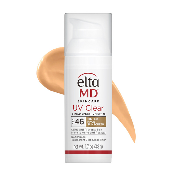 EltaMD UV Clear Tinted Broad-Spectrum SPF 46 Face Sunscreen 1.7 oz – tinted niacinamide and zinc oxide sunscreen in white airless pump bottle with warm golden tinted cream swipe for acne-prone and rosacea-prone skin