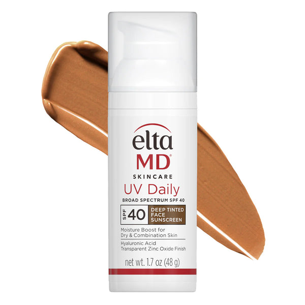 EltaMD UV Daily Deep Tinted Broad-Spectrum SPF 40 Face Sunscreen 1.7 oz – hyaluronic acid and zinc oxide tinted sunscreen with moisture boost for dry and combination skin in white airless pump bottle with deep brown tint swatch