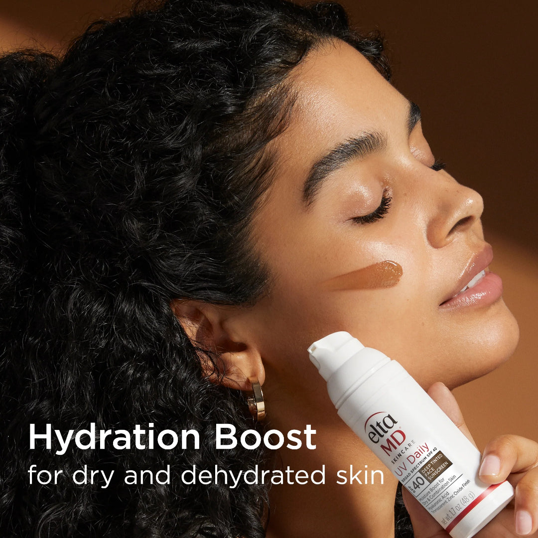 EltaMD UV Daily Deep Tinted Broad-Spectrum SPF 40 hydration boost for dry and dehydrated skin shown on model with deep complexion