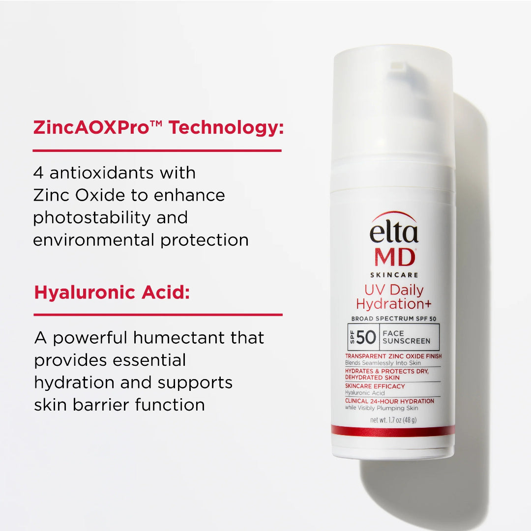 EltaMD UV Daily Hydration Plus SPF 50 featuring ZincAOXPro Technology with 4 antioxidants and hyaluronic acid for 24-hour hydration