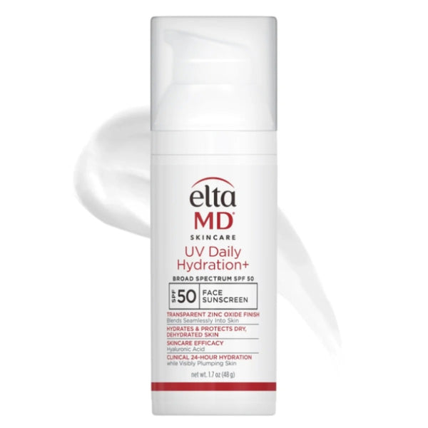 EltaMD UV Daily Hydration Plus SPF 50 face sunscreen pump bottle 1.7 oz with transparent zinc oxide finish and hyaluronic acid for dry skin