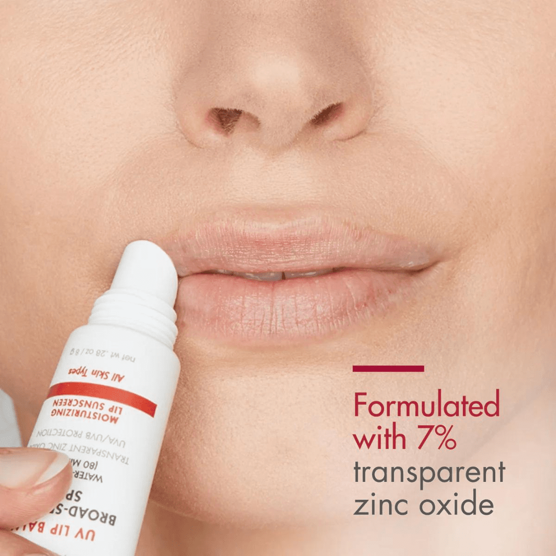 EltaMD UV Lip Balm Broad-Spectrum SPF 36 lifestyle – woman applying lip sunscreen with callout showing formulated with 7% transparent zinc oxide for broad-spectrum lip sun protection