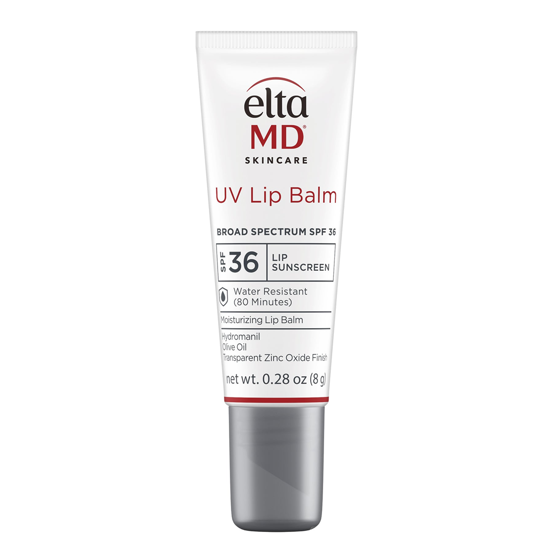 EltaMD UV Lip Balm Broad-Spectrum SPF 36 .28 oz – moisturizing lip sunscreen in white squeeze tube with 7% zinc oxide, olive oil, and hydromanil that is water-resistant for 80 minutes