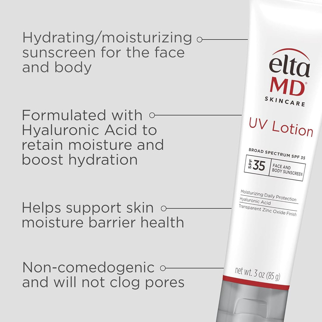 EltaMD UV Lotion Broad-Spectrum SPF 35 3 oz hydrating moisturizing sunscreen with hyaluronic acid that supports skin moisture barrier and is noncomedogenic