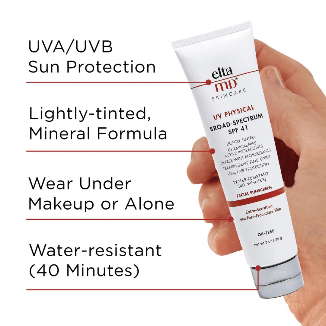 EltaMD UV Physical Broad-Spectrum SPF 41 Tinted benefits – 100% mineral lightly-tinted face sunscreen with UVA/UVB protection, wears under makeup, and water-resistant for 40 minutes