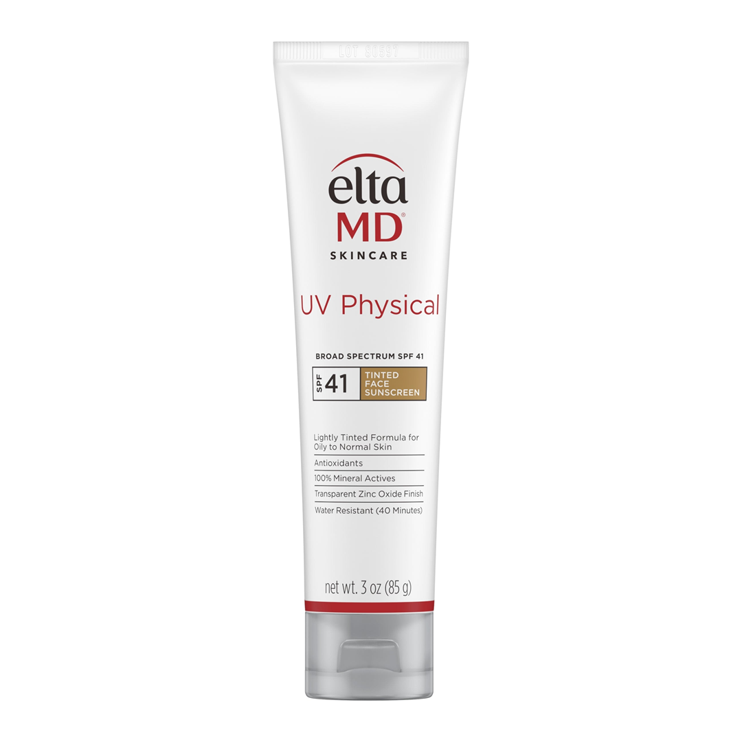 EltaMD UV Physical Broad-Spectrum SPF 41 Tinted Face Sunscreen 3 oz – 100% mineral lightly tinted sunscreen in white squeeze tube with antioxidants and zinc oxide finish for oily to normal skin