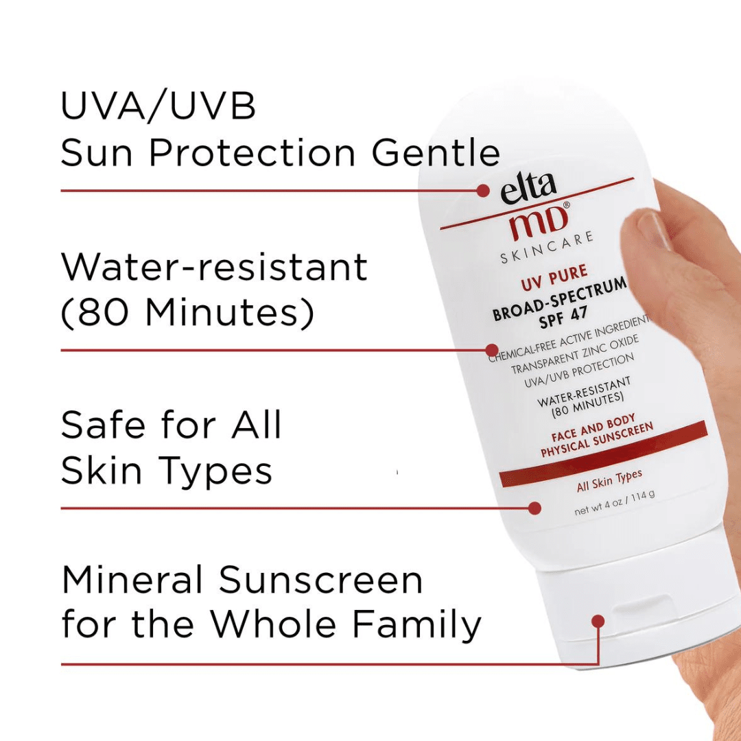 EltaMD UV Pure Broad-Spectrum SPF 47 benefits – gentle 100% mineral face and body sunscreen with UVA/UVB protection that is water-resistant for 80 minutes and safe for all skin types and the whole family