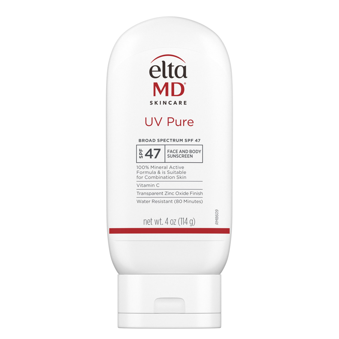 EltaMD UV Pure Broad-Spectrum SPF 47 Face and Body Sunscreen 4 oz – 100% mineral sunscreen with vitamin C and zinc oxide in white bottle water-resistant for 80 minutes and safe for combination skin