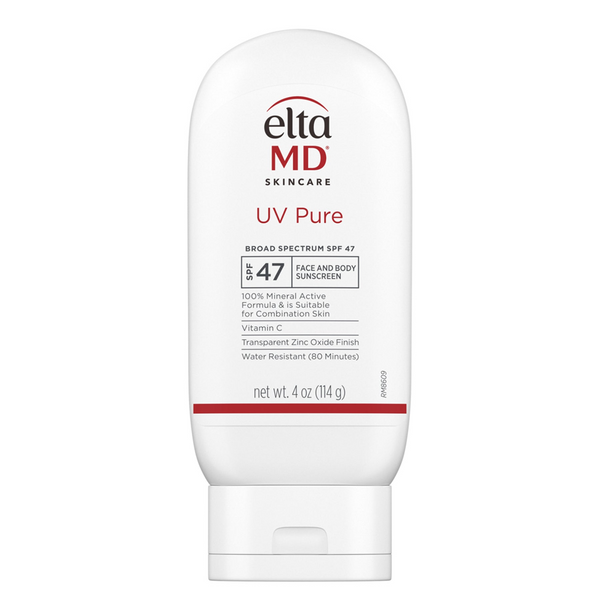 EltaMD UV Pure Broad-Spectrum SPF 47 Face and Body Sunscreen 4 oz – 100% mineral sunscreen with vitamin C and zinc oxide in white bottle water-resistant for 80 minutes and safe for combination skin
