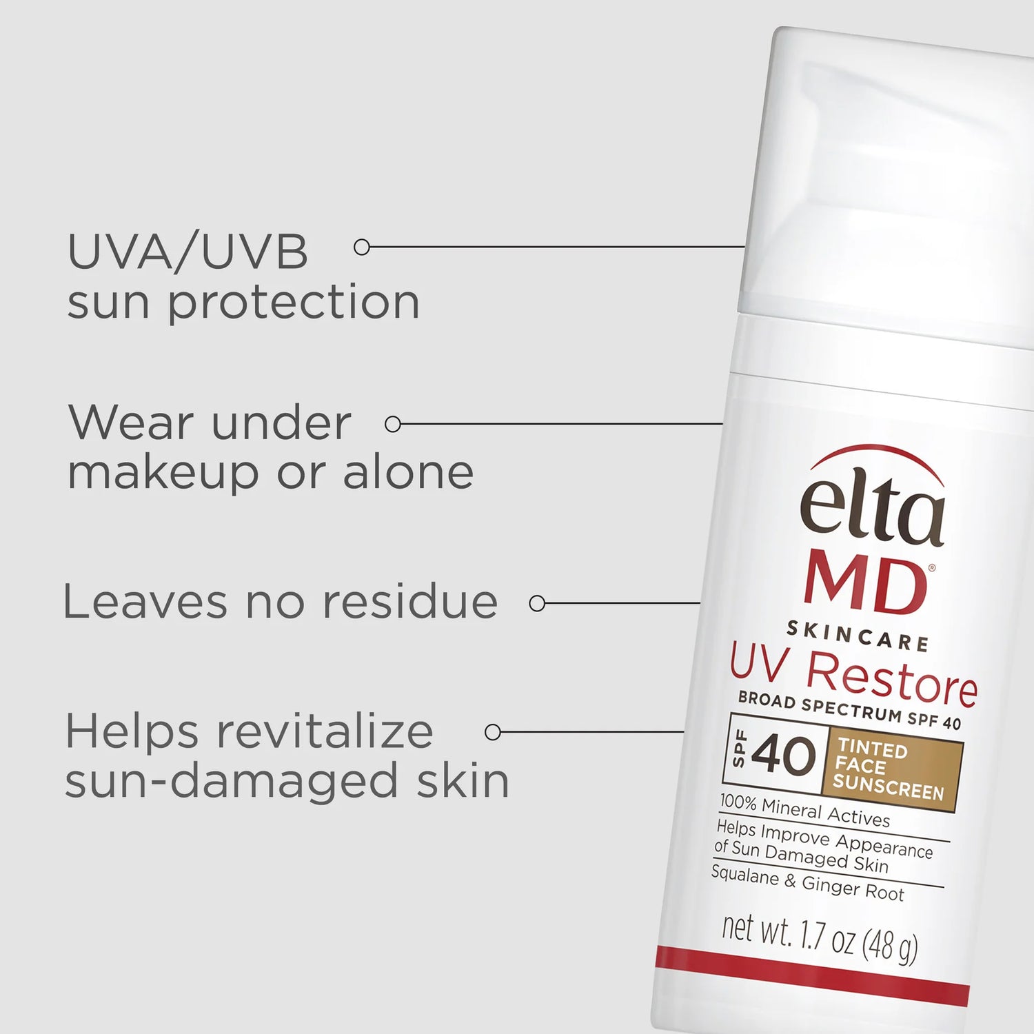 EltaMD UV Restore Tinted Broad-Spectrum SPF 40 benefits – UVA/UVB sun protection that wears under makeup or alone, leaves no residue, and helps revitalize sun-damaged skin