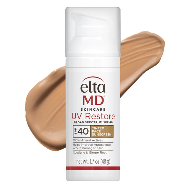 EltaMD UV Restore Tinted Broad-Spectrum SPF 40 Tinted Face Sunscreen 1.7 oz – 100% mineral sunscreen with squalane and ginger root to improve appearance of sun-damaged skin shown with warm tan tint swatch