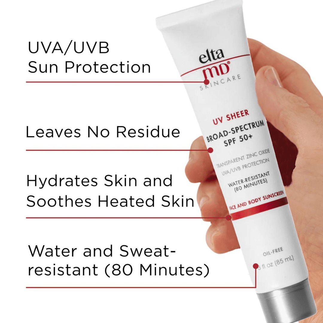 EltaMD UV Sheer Broad-Spectrum SPF 50+ benefits – leaves no residue, hydrates and soothes heated skin, water and sweat-resistant for 80 minutes with full UVA/UVB sun protection