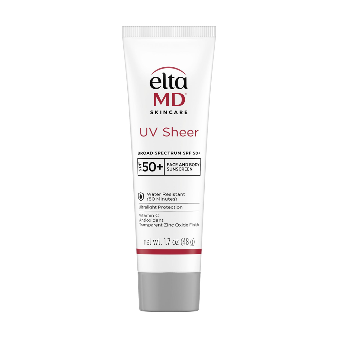 EltaMD UV Sheer Broad-Spectrum SPF 50+ Face and Body Sunscreen 1.7 oz – ultralight vitamin C and zinc oxide sunscreen in white squeeze tube with transparent finish and water resistance for 80 minutes