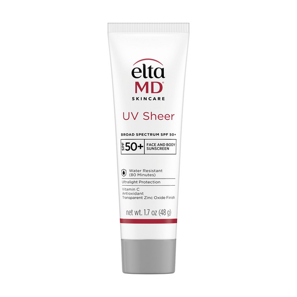 EltaMD UV Sheer Broad-Spectrum SPF 50+ Face and Body Sunscreen 1.7 oz – ultralight vitamin C and zinc oxide sunscreen in white squeeze tube with transparent finish and water resistance for 80 minutes