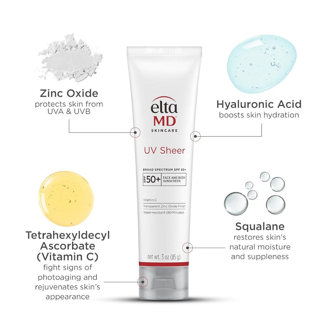 EltaMD UV Sheer SPF 50 Plus key ingredients zinc oxide hyaluronic acid vitamin C and squalane to protect hydrate and rejuvenate skin
