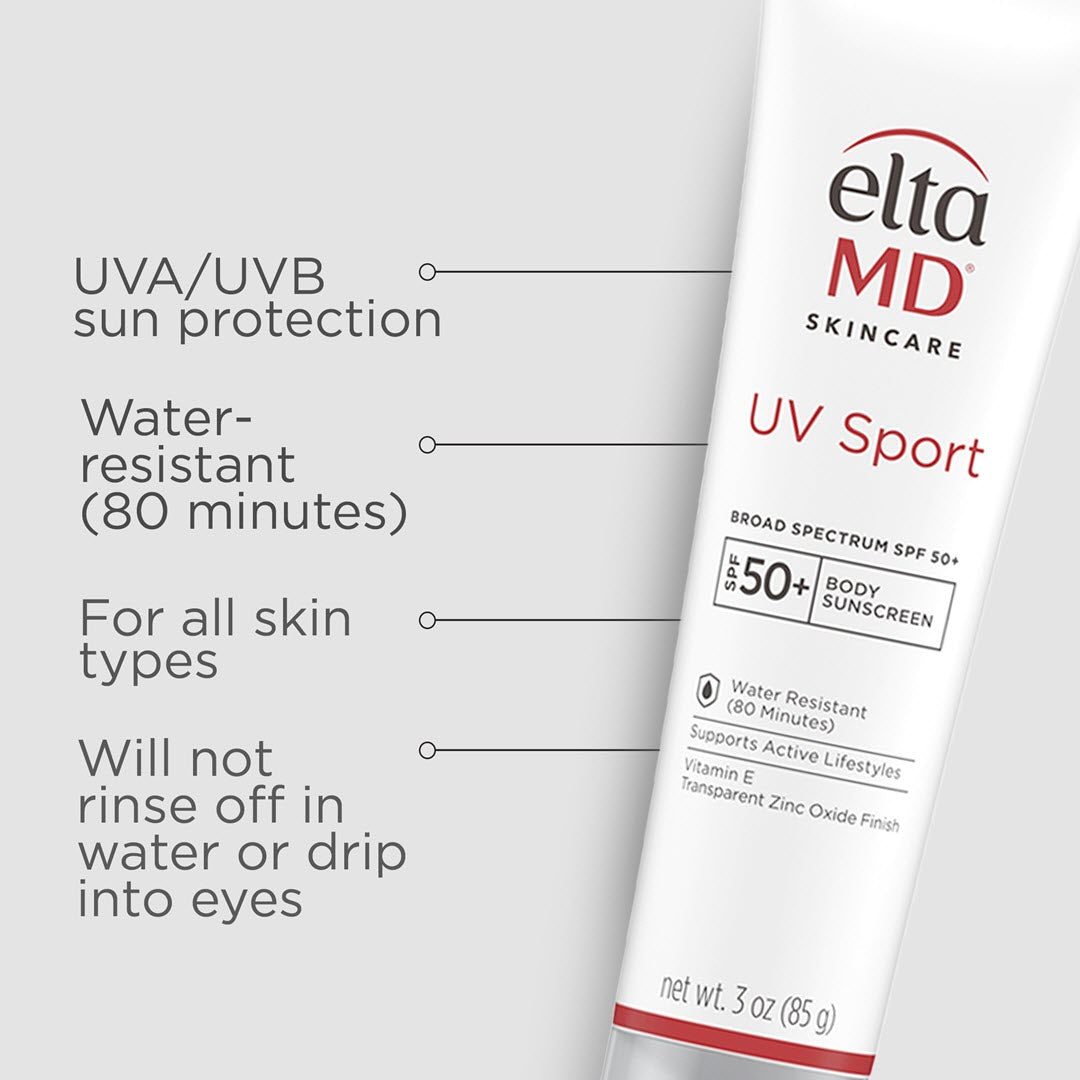 EltaMD UV Sport Broad-Spectrum SPF 50+ benefits – UVA/UVB sun protection that is water-resistant for 80 minutes, safe for all skin types, and will not rinse off in water or drip into eyes during activity