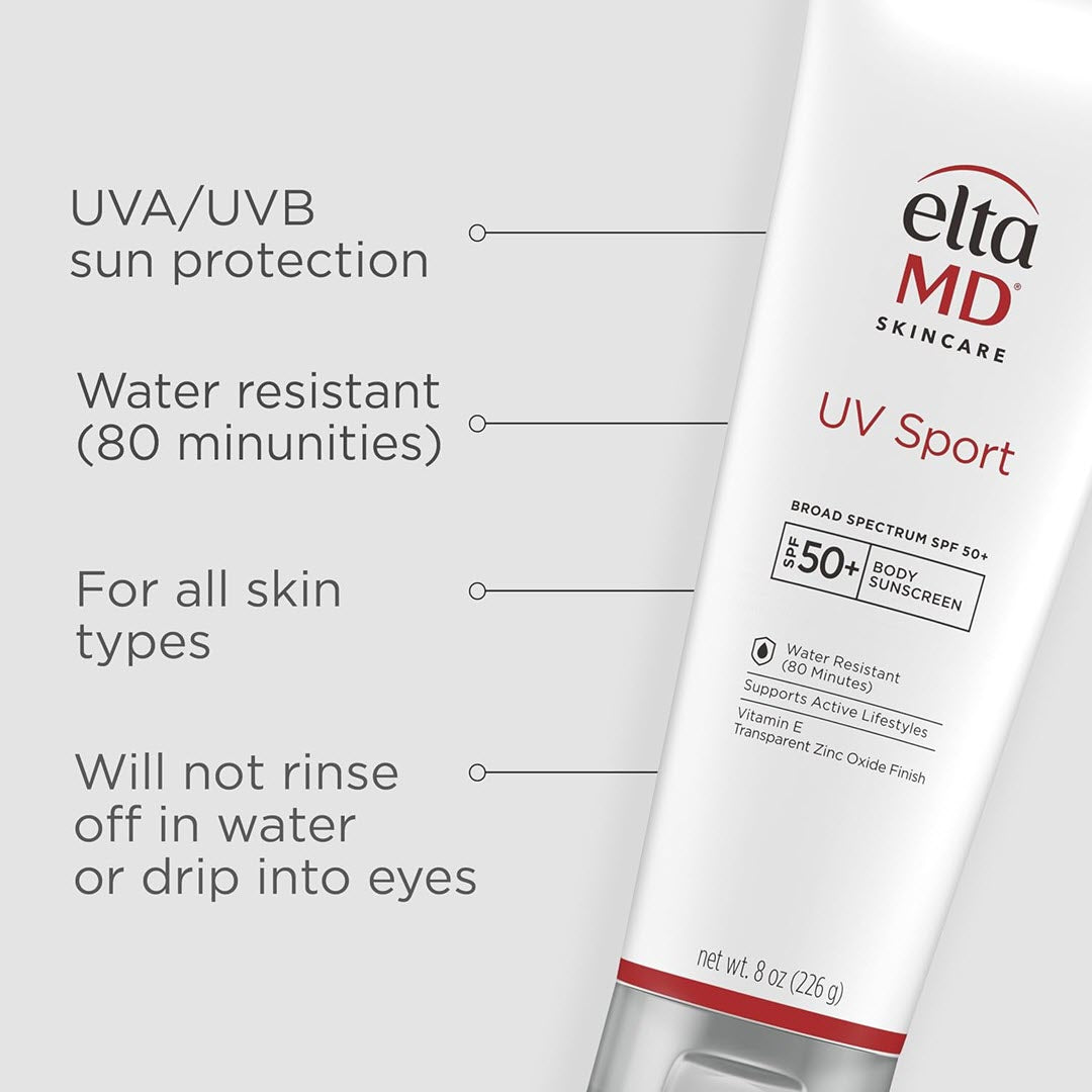 EltaMD UV Sport SPF 50 Plus key features including UVA UVB sun protection water resistant 80 minutes for all skin types and will not rinse off