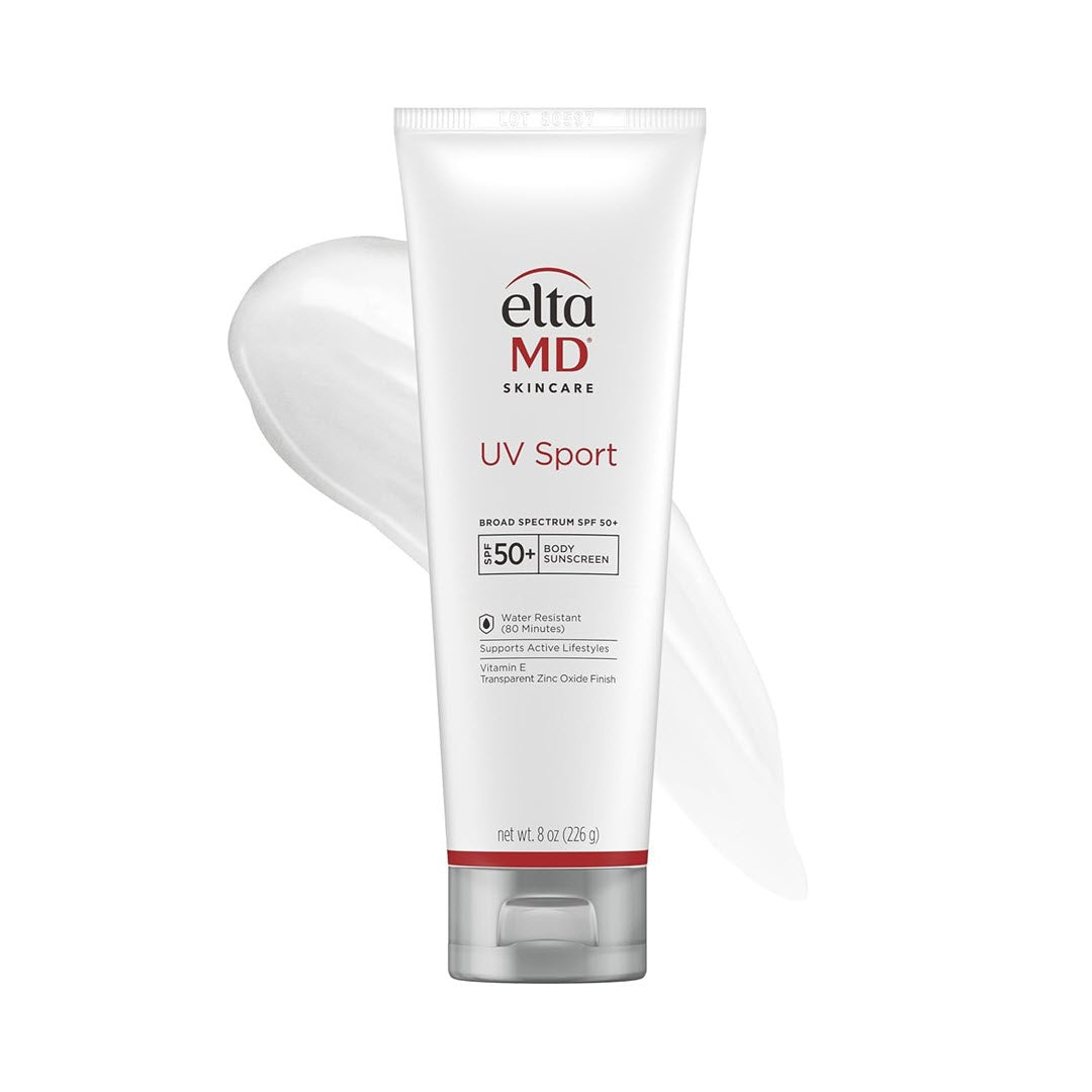 EltaMD UV Sport Broad Spectrum SPF 50 Plus 8 oz white tube with red accent and cream swatch for water-resistant body sunscreen