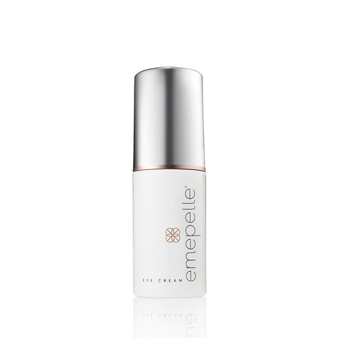 Emepelle Eye Cream 0.5 oz – anti-aging eye cream with MEP Technology for estrogen-deficient skin in white bottle with silver cap and rose gold collar