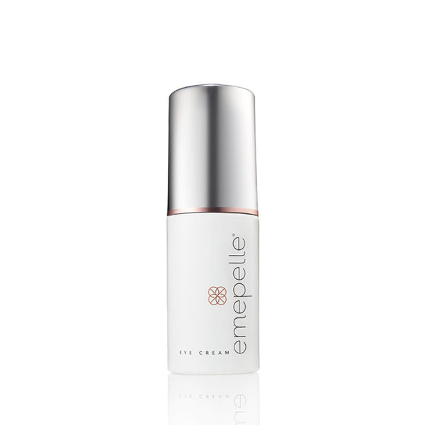 Emepelle Eye Cream 0.5 oz – anti-aging eye cream with MEP Technology for estrogen-deficient skin in white bottle with silver cap and rose gold collar