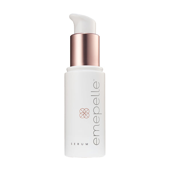 Emepelle Serum 1.2 fl oz – anti-aging face serum with MEP Technology for estrogen-deficient skin in white pump bottle with rose gold collar