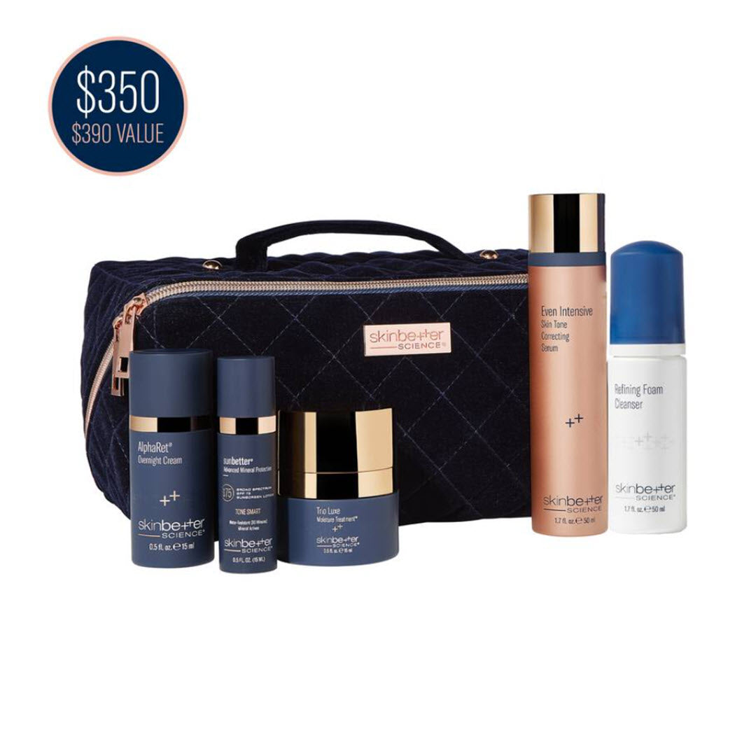 Skinbetter Science Glow and Go Set – 5-piece skincare gift set with AlphaRet Overnight Cream, Even Intensive Serum, Refining Foam Cleanser, Trio Luxe Moisturizer, and SPF 75
