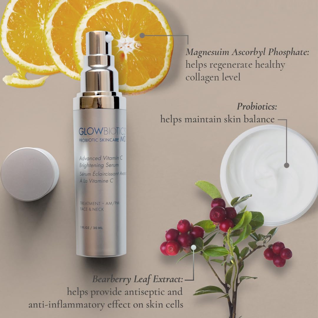 Glowbiotics Advanced Vitamin C Brightening Serum key ingredients: magnesium ascorbyl phosphate, probiotics, and bearberry leaf extract, styled with citrus and cranberries